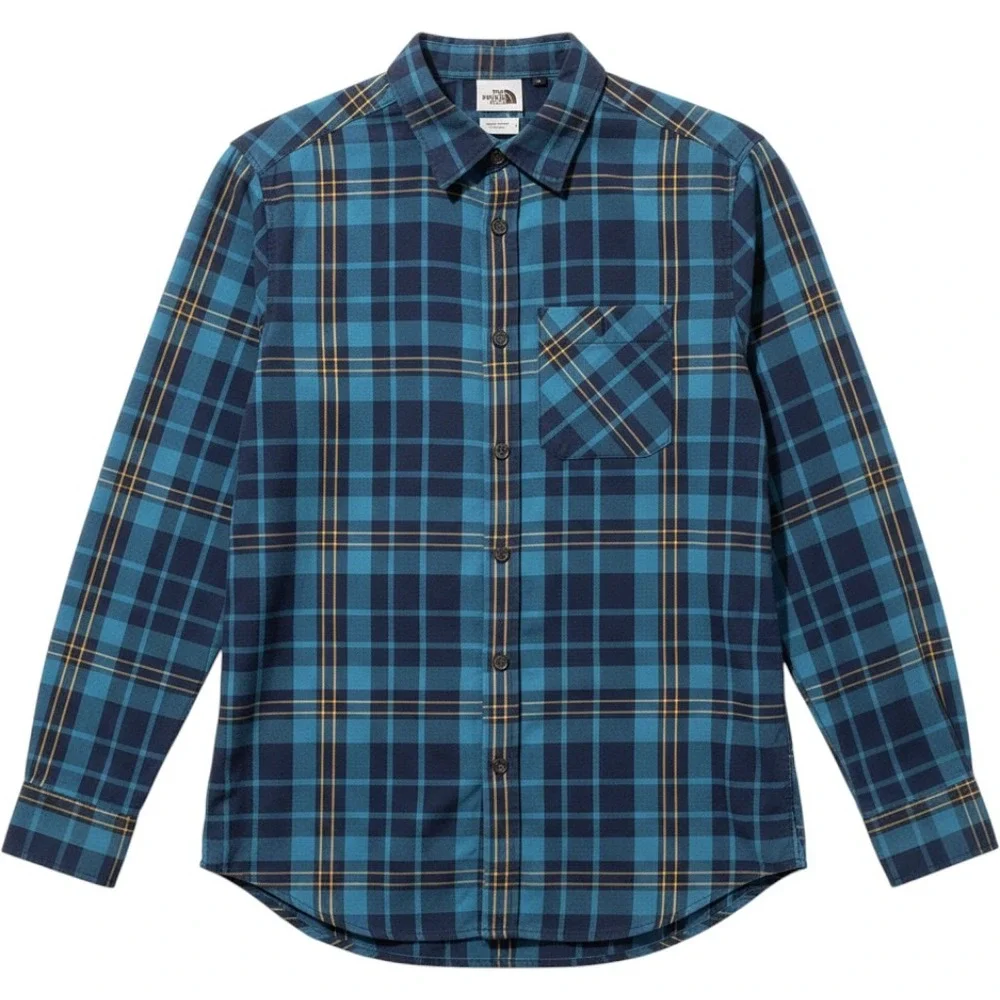 The North Face Men's Small Button Front Shirt Blue Plaid L-Sleeve Button Pocket